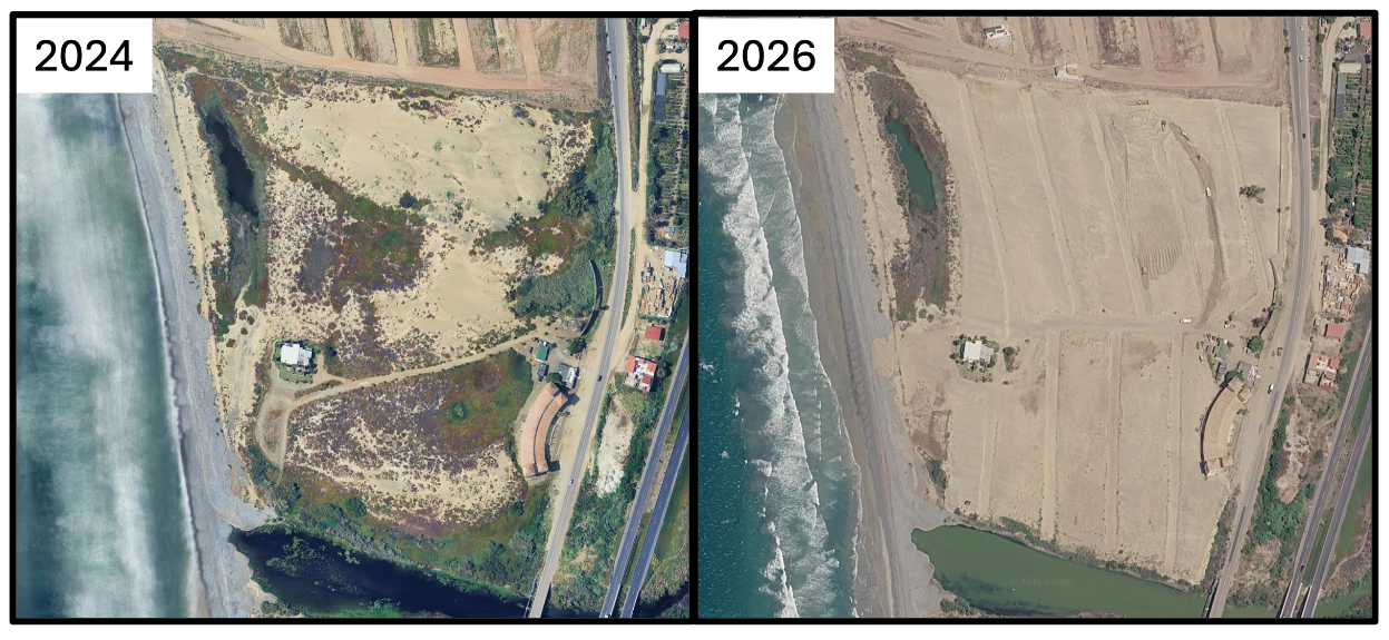 Satellite images comparing development around Lagunita El Descanso in 2024 and 2026.